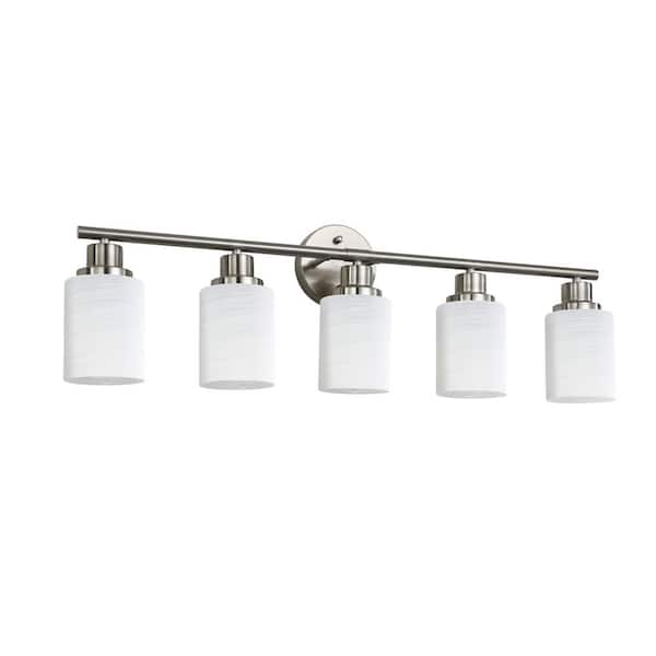 31.5 in. 5-Light Brushed Nickel Bathroom Light Fixtures Vanity Light Over Mirror with Opal White Glass Shade