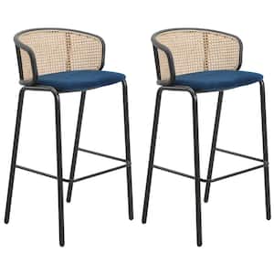 Ervilla Modern 29.5 in Wicker Bar Stool with Fabric Seat and Black Powder Coated Metal Frame, Set of 2 (Navy Blue)