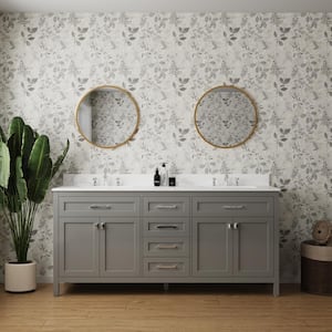 Moray 72 in. W x 22 in. D x 40 in. H Freestanding Double Sinks Bath Vanity in Grey with White Marble Countertop