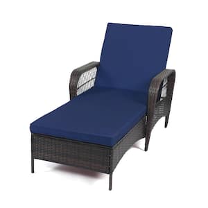 Wicker Outdoor Chaise Lounge Chairs Rattan with with 6 Positions Adjustable Backrest Armrests Padded Dark Blue Cushions