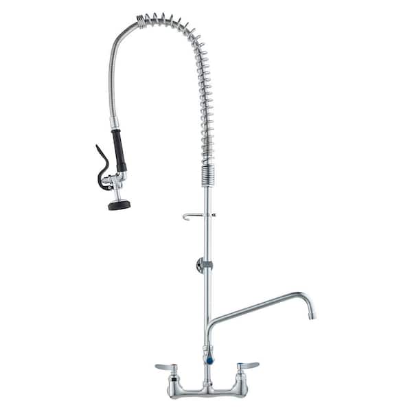 Commercial Faucet Double Handle Pull Down Sprayer Kitchen Faucet Deck Mount Kitchen Sink Faucet, Silver