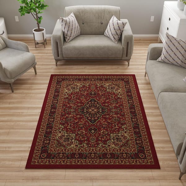 Ottohome Collection Non-Slip Rubberback Medallion Oriental Design 5x7 Indoor Area Rug, 5 ft. x 6 ft. 6 in., Dark Red