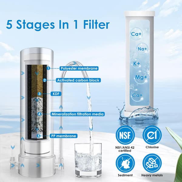 5-Stage Countertop Water Filter System - Stainless Steel Faucet Water Filter - Water Purifier for 8000 Gallons