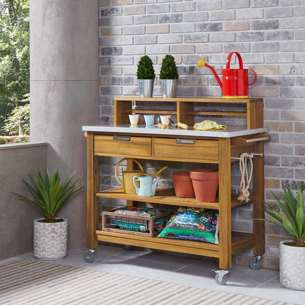 Maho Golden Teak Acacia Wood Potting Bench with Stainless Steel Top