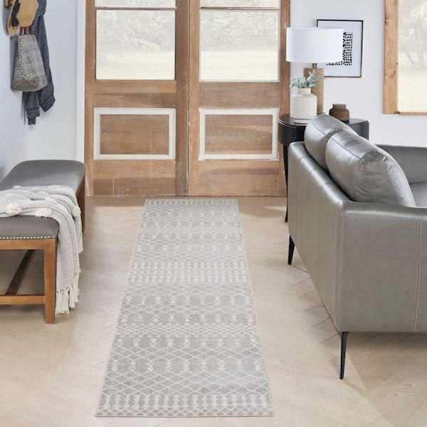Astra Machine Washable Grey 2 ft. x 12 ft. Moroccan Transitional Runner Area Rug