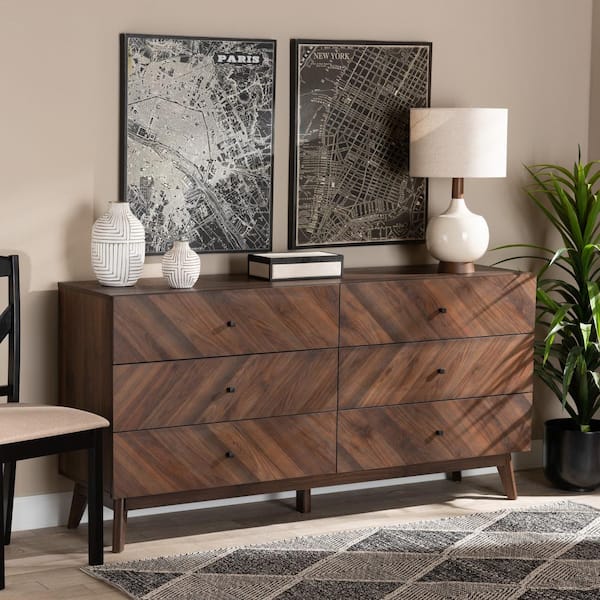 Baxton Studio Hartman 6 Drawer Walnut Brown Dresser 31.25 in. H x