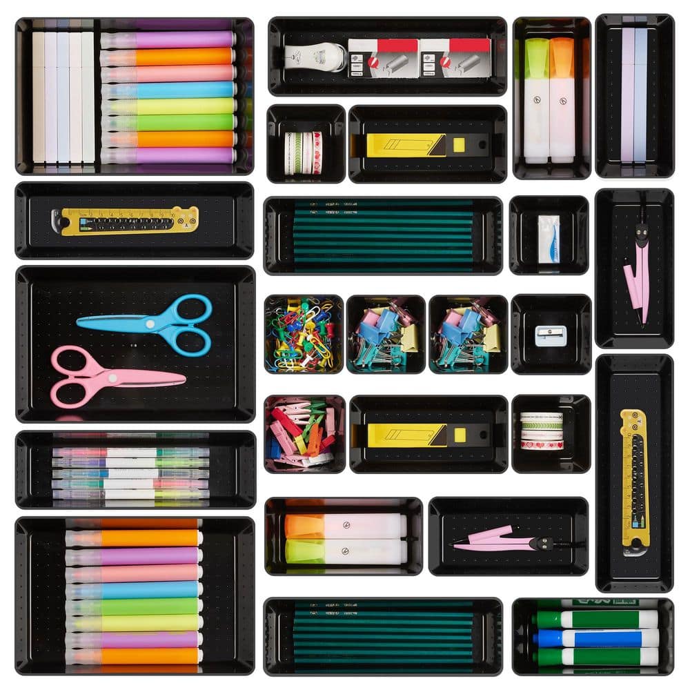 25-Pieces Plastic 4-Size Drawer Organizers Set with Non-Slip Silicone Pads for Home Storage in Black price history on PriceWatchPro
