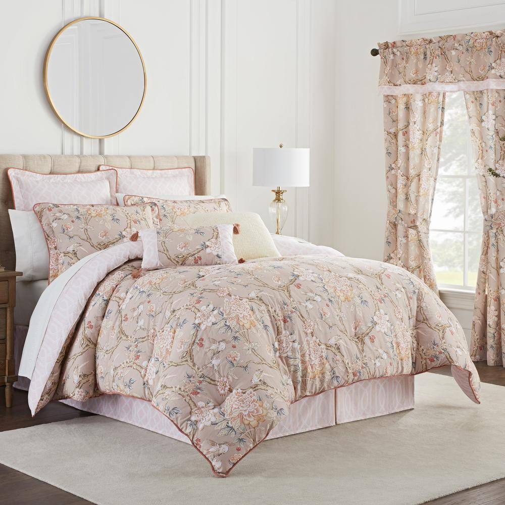 Waverly Mudan 4 Piece Beige Floral Cotton King Comforter Set