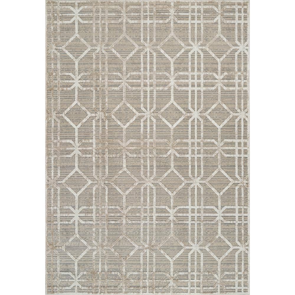 Beige and Brown Geometric Pattern Medium Pile Area Rug