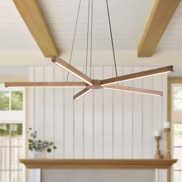 43 in. Farmhouse 5-Light Black Dimmable Modern LED Linear Starburst Chandelier Oak Wood Pendant Light for Dining Room​