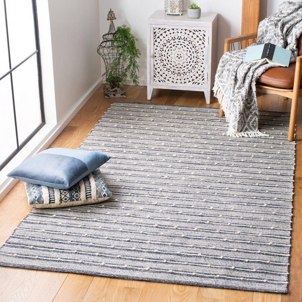 Boho-Chic Striped Kilim Blue Wool-Cotton Handwoven Area Rug