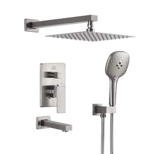 2-Handle 3-Spray Square High Pressure Shower Faucet with 10 in. Shower Head in Brushed Nickel (Valve Included)