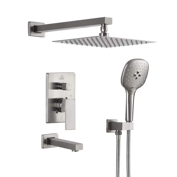 GroGro 2-Handle 3-Spray Square High Pressure Shower Faucet with 10 in. Shower Head in Brushed Nickel (Valve Included)