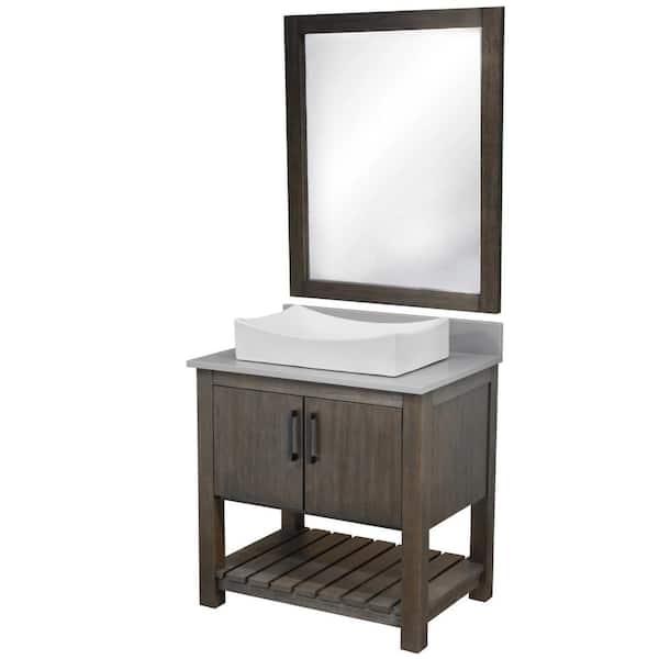 Novatto Ocean Breeze 31 in. W. x 22 in. D x 31 in. H One White Porcelain Sink MB Bath Vanity Cafe with Grey Quartz Top +Mirror