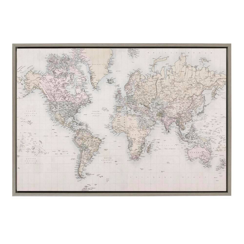Sylvie "Vintage World Map" by The Creative Bunch Studio Gray Framed Art Print 33 in. x 23 in.