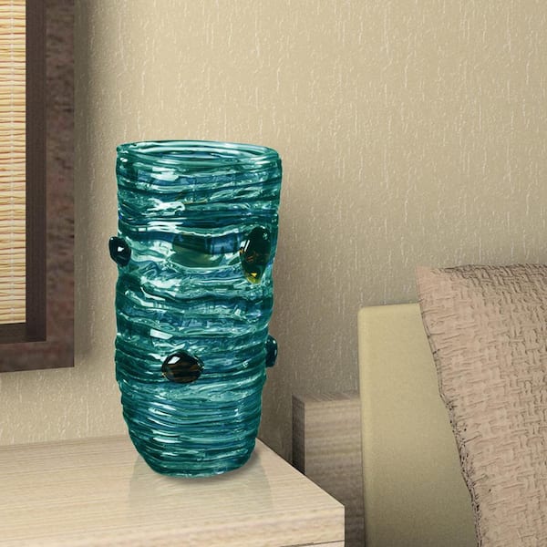 Hand Blown Glass Art Vase Beautiful Blue Brown Window Shelf Outdoor Decor Gift 