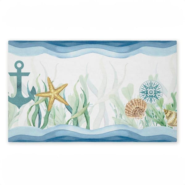 Bayside Sea Life & Waves Blue 18 in. x 30 in. Polyester Non-Slip Outdoor Door Mat