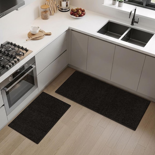 Silky 1 ft. x 2 ft. pieces Black Solid Non Slip Easy Clean Non Shedding Modern Indoor Area Rug