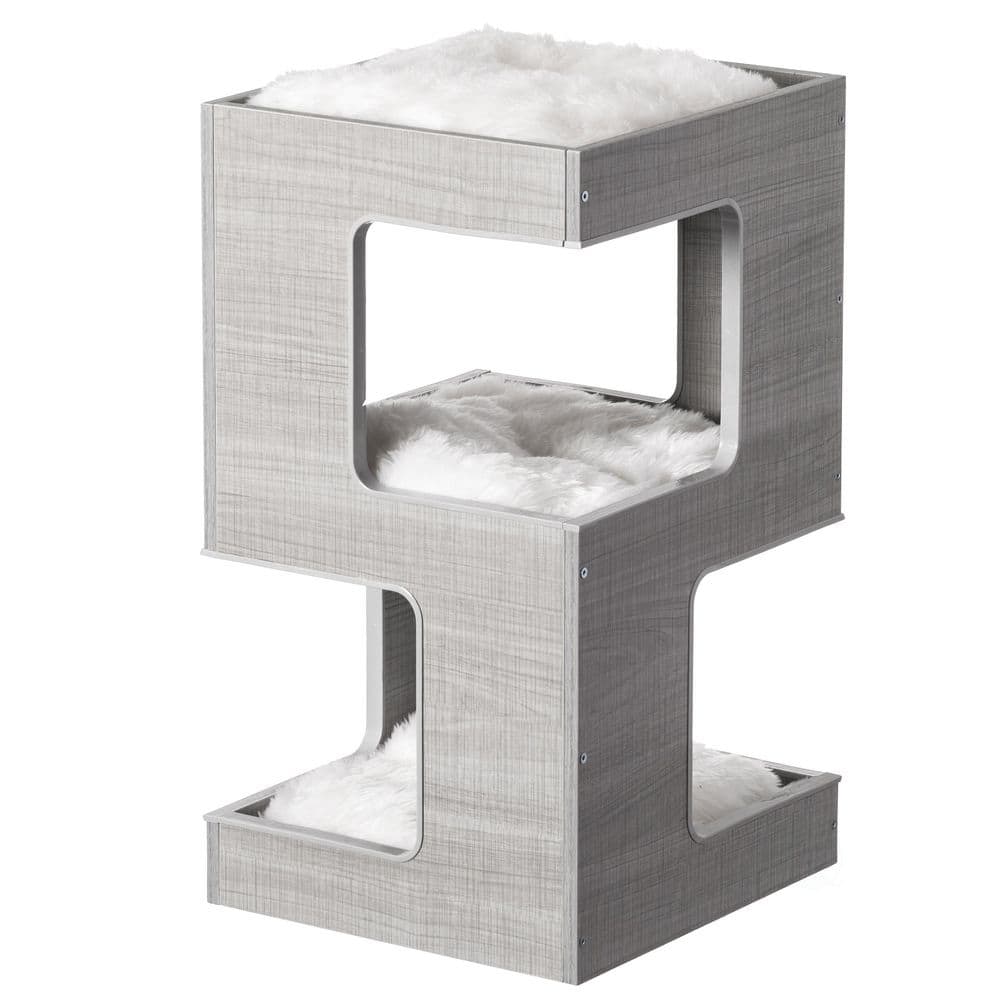 Gray Multi-Level Modern Cat Tower with Soft Faux Fur Cushions