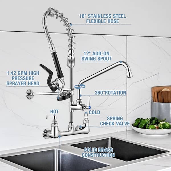 Commercial Restaurant Pull Down Double Handle Wall Mount Pre-Rinse Spray Standard Kitchen Faucet in Polished Chrome