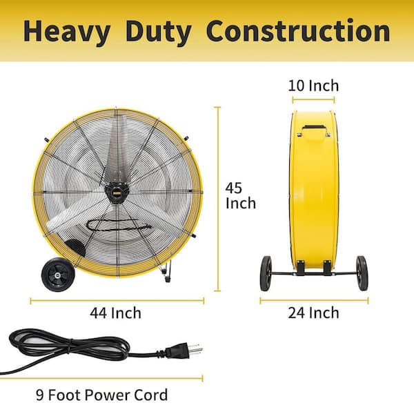 HICFM 42 in. Yellow Industrial Drum Fan, 26800 CFM, 4/5 HP Motor, Heavy Duty Barrel, 8 in. Wheels, UL Listed