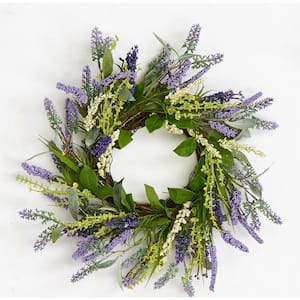 14 in. Artificial Lavender Wreath with Leaves On Twig Base
