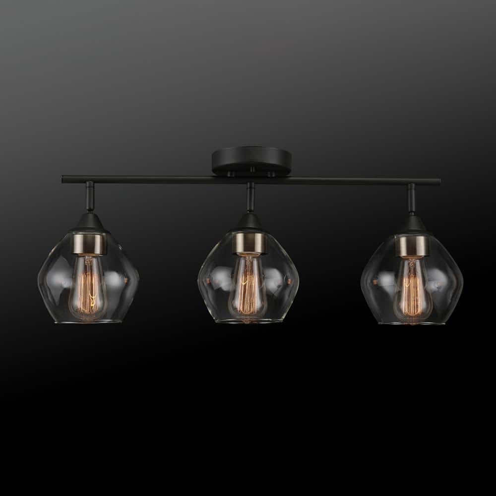 Harrow 3-Light Matte Black Track Lighting with Antique Brass Accents and Clear Glass Shades