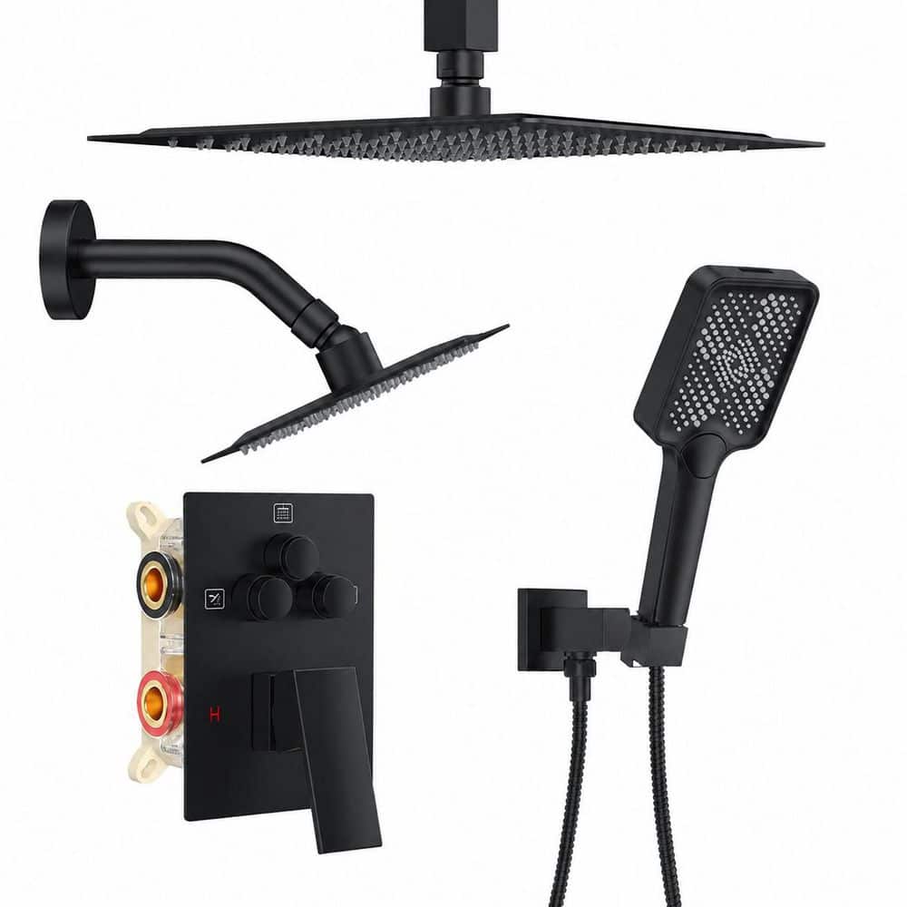 Matte Black 10 in. Ceiling Mount Rainfall Shower Trim Kit with Multi-Function Handheld Head and Push Button Diverter price history on PriceWatchPro