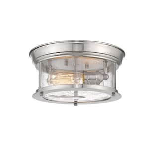 14 in. 2-Light Brushed Nickel Flush Mount with Clear Seedy Shade