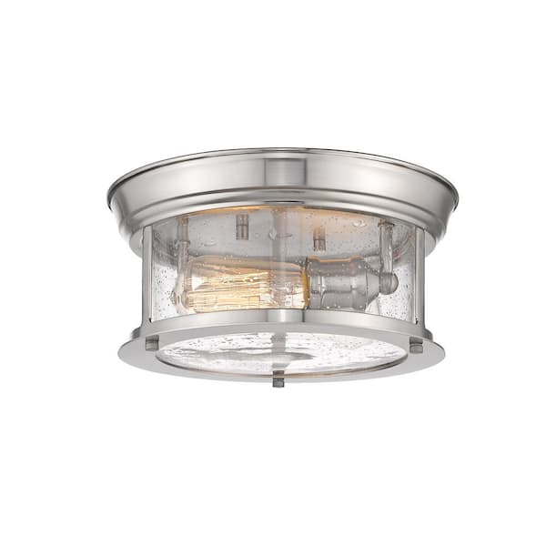 Unbranded 14 in. 2-Light Brushed Nickel Flush Mount with Clear Seedy Shade