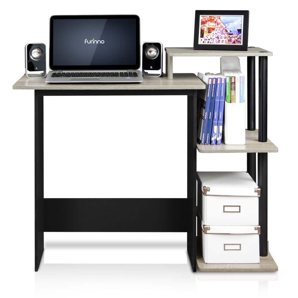 Compact French Oak Grey/Black Laptop Desk with Drawer