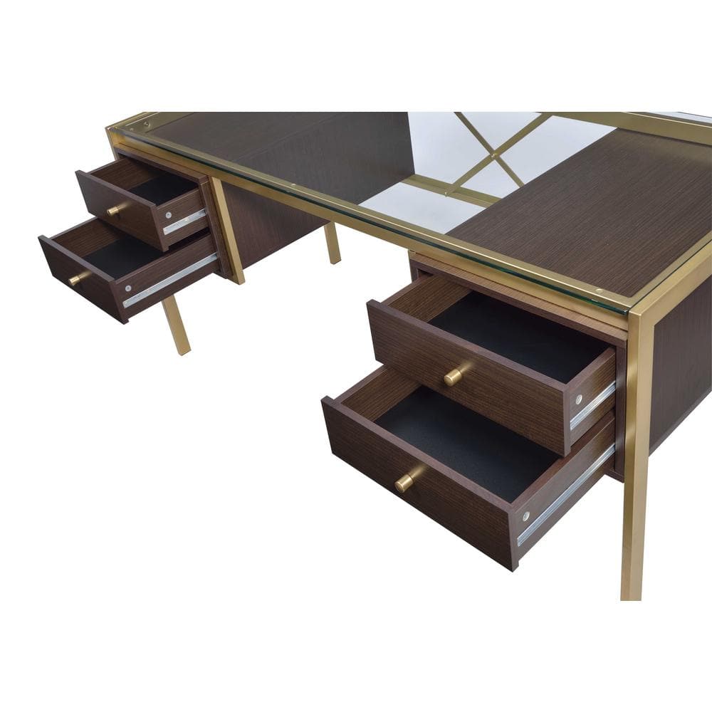Gold and Espresso Glass Executive Desk with Drawers