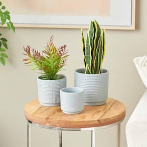 7 in., 6 in. and 4 in. Small Gray Ceramic Planter with Layered Square Shaped Grooves (3-Pack)