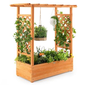 Wood Raised Garden Bed Planter Box with Top and Side Trellis Drainage Holes Elevated Feet for Vine Climbing Plant