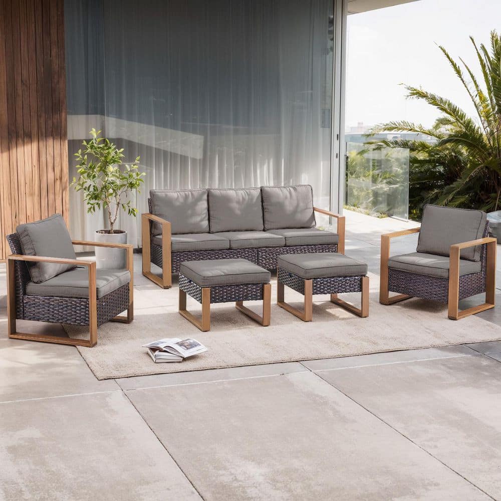 MetalWood 5-Piece Brown Wicker Patio Conversation Set with Armchairs and 4.5 in. Olefin Gray Cushions price history on PriceWatchPro