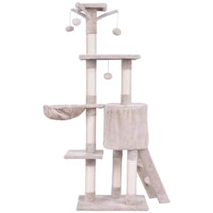 56 in. Beige Condo Scratching Posts Ladder Cat Play Tree