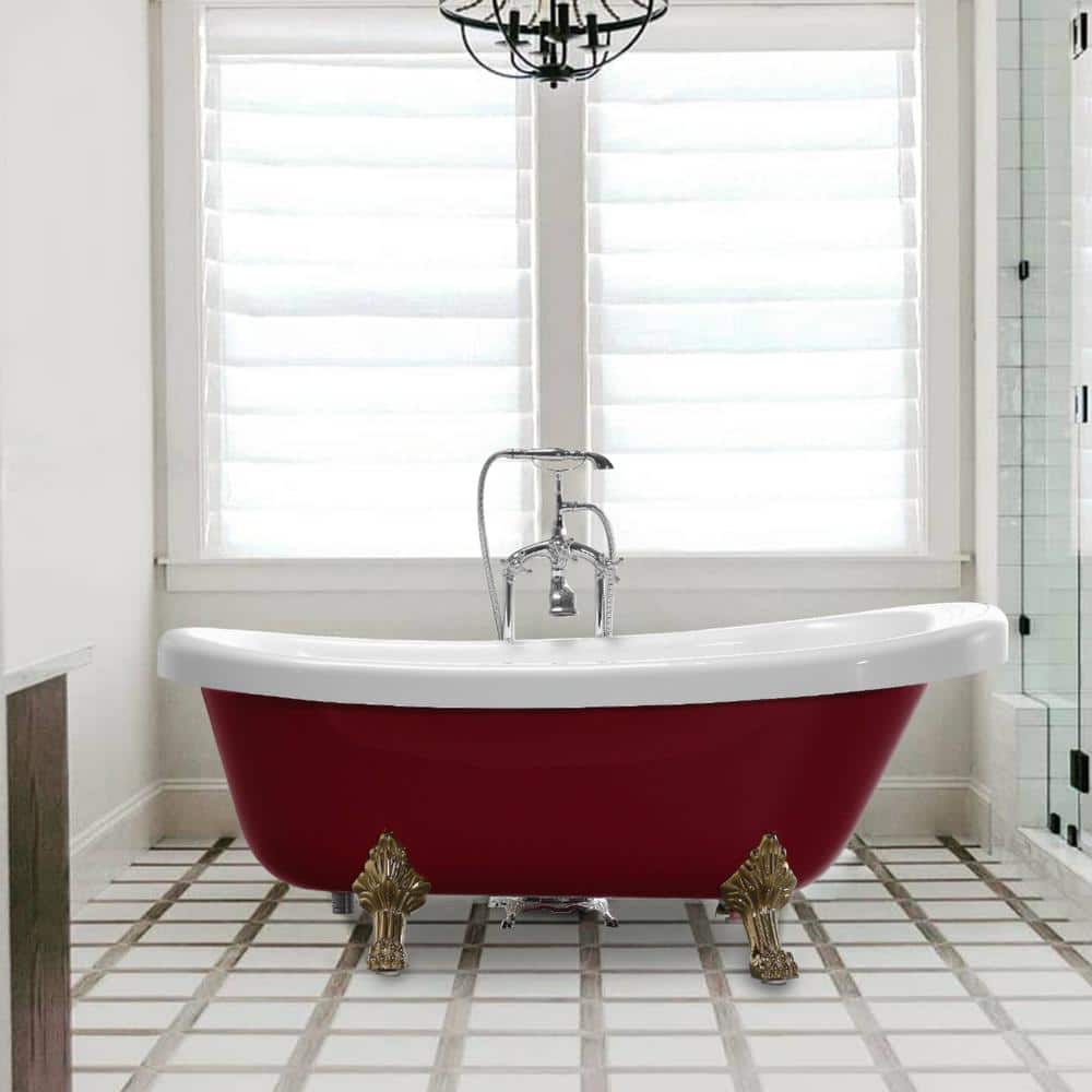 67" Red and White Acrylic Clawfoot Soaking Bathtub