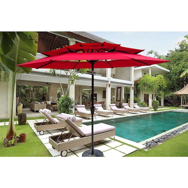 CoolSum 9 ft. Steel Push-Up Three-Layer Patio Umbrella in Red with Crank, Tilt and Wind Vents, UV-Resistant