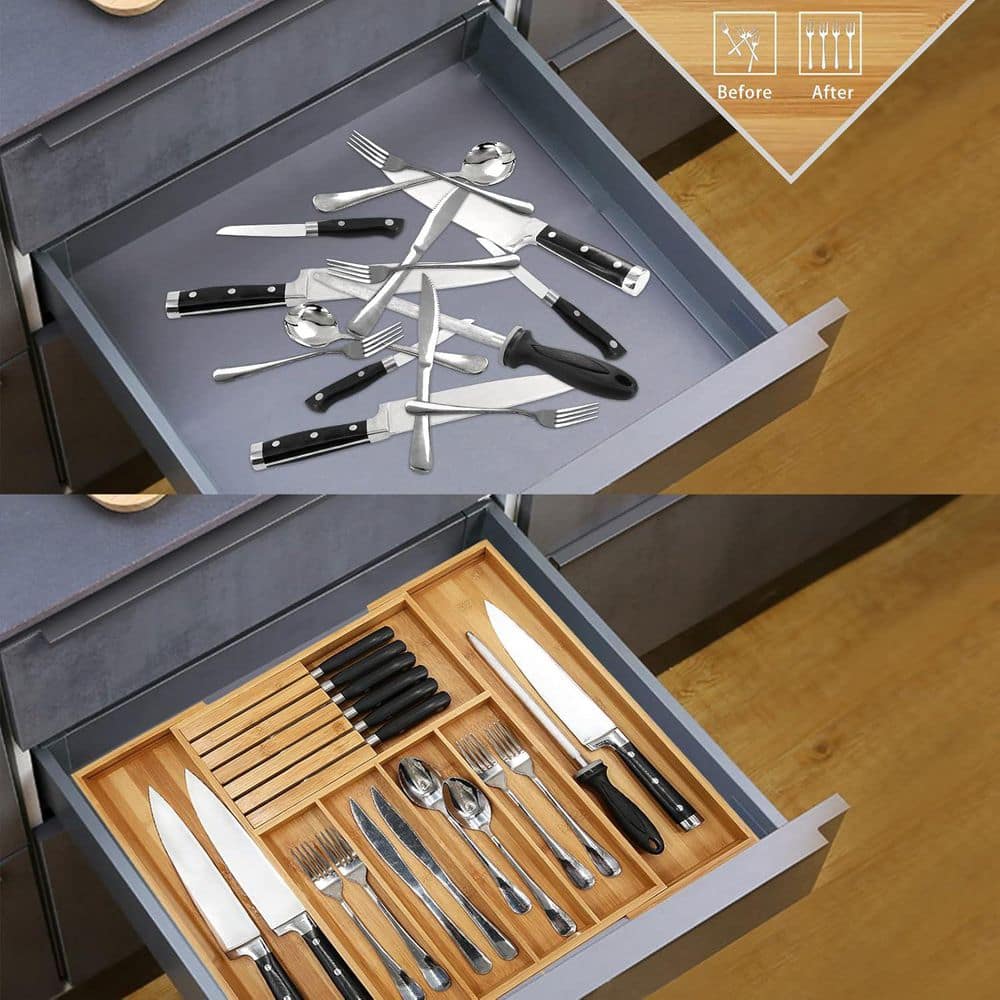 Expandable Bamboo Kitchen Drawer Organizer with Knife Block and Cutlery Tray, Multifunctional Utensil Organizer - Thumbnail 4