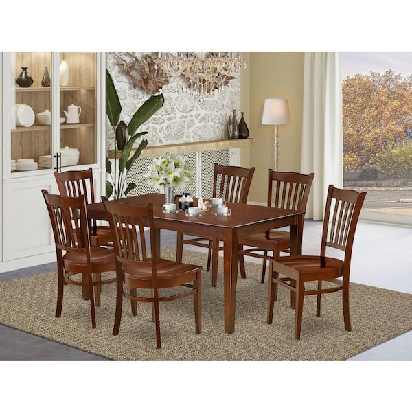 7-Piece Rectangle Mahogany Finish Solid Wood Top Dining Table with 6-Chairs with Lattice Back