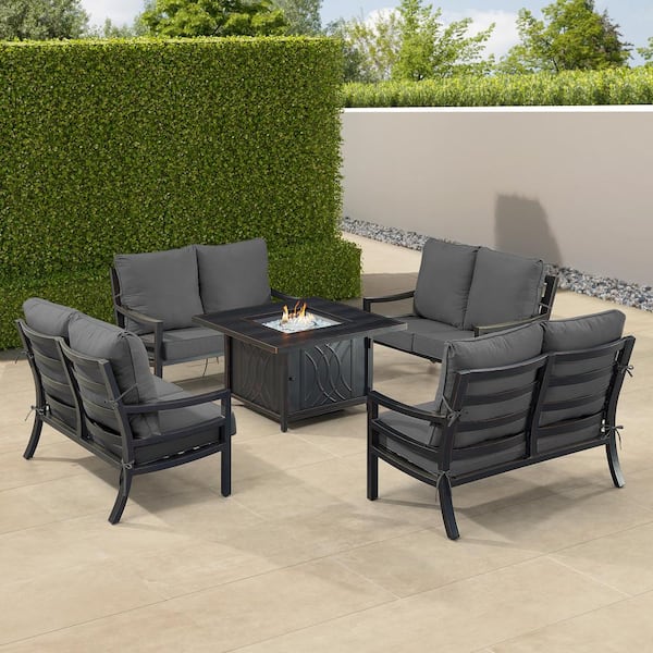 Oakland Living Black 6-Piece Aluminum Patio Fire Pit with 4-Deep Seating Loveseat Black Cushions