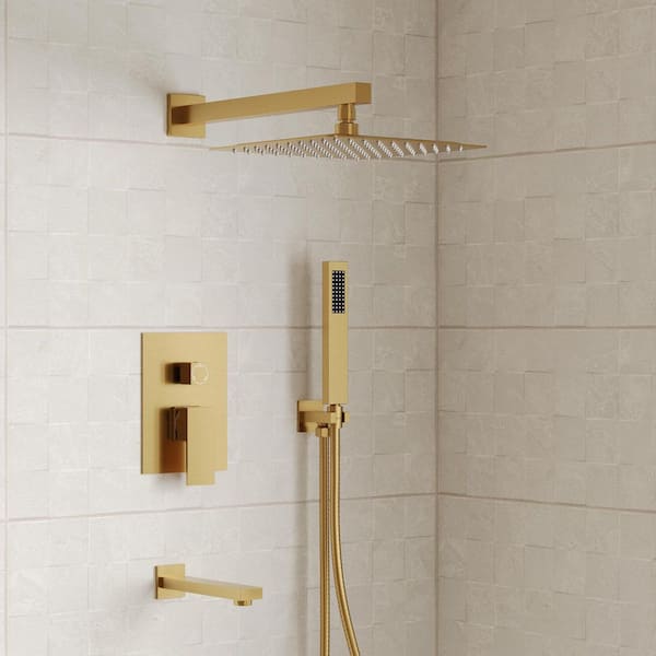 Pressure Balance Single Handle 3-Spray Wall Mount 10 in. Tub and Shower Faucet 2.5 GPM in. Brushed Gold Valve Included