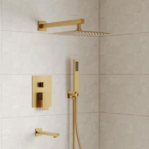 Pressure Balance Single Handle 3-Spray Wall Mount 10 in. Tub and Shower Faucet 2.5 GPM in. Brushed Gold Valve Included