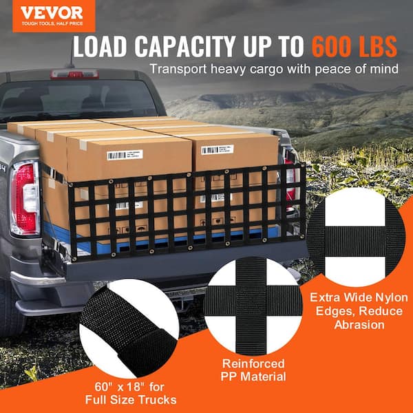 Tailgate Net, 60 in. x 18 in., Rope, Heavy Duty Cargo Net for Truck Bed with 4 Adjustable Telescopic Straps, Extendable