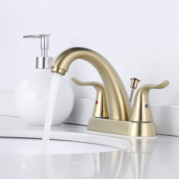 4 in. Centerset Double Handle Gooseneck Bathroom Faucet with Drain Kit and Supply Lines Included in Gold