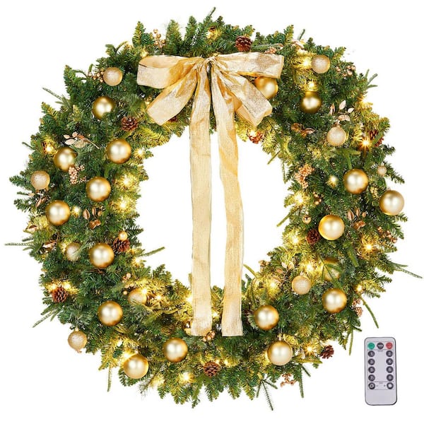48 in. Green Pre-Lit LED Artificial Christmas Wreath with Pinecones and Gold Ornaments