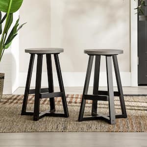 24 in. Grey/Black Backless Solid Wood Frame Rustic Counter Height Bar Stool, Set of 2