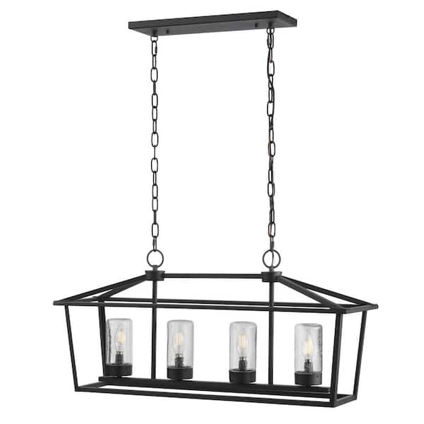 Home Decorators Collection Jill 4-Light Textured Black Linear Chandelier with Weather Zinc Clear Seedy Glass