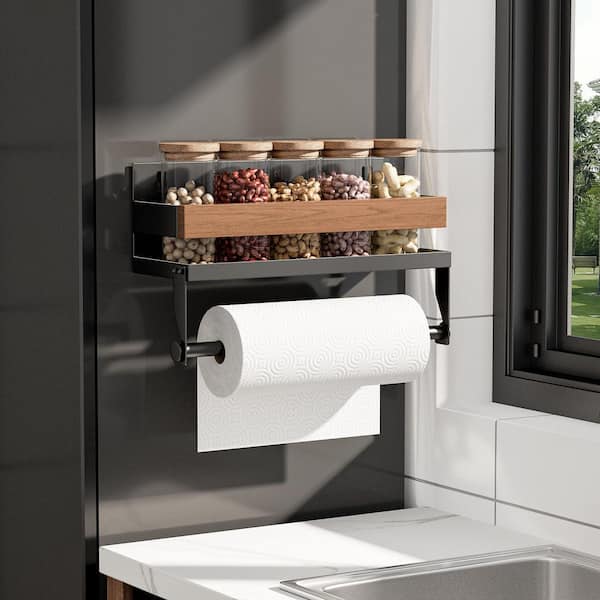 Magnetic Mount Walnut Finish Paper Towel Holder Spice Rack for Kitchen Refrigerator Wall Metal Surface