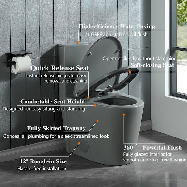 Power Flush 1-Piece 1.1/1.6 GPF Dual Flush Elongated 15.6 in" Toilet in Light Gray, Slow-Close Seat Included